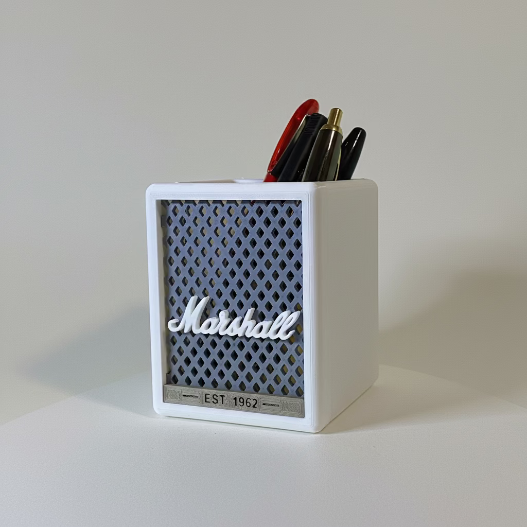 Marshall speaker-shaped pen holder with pens on a white background