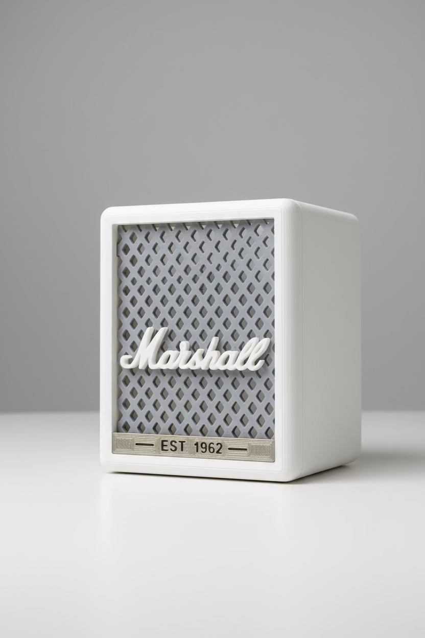 Marshall amplifier with grid design and 'EST 1962' text on a white background