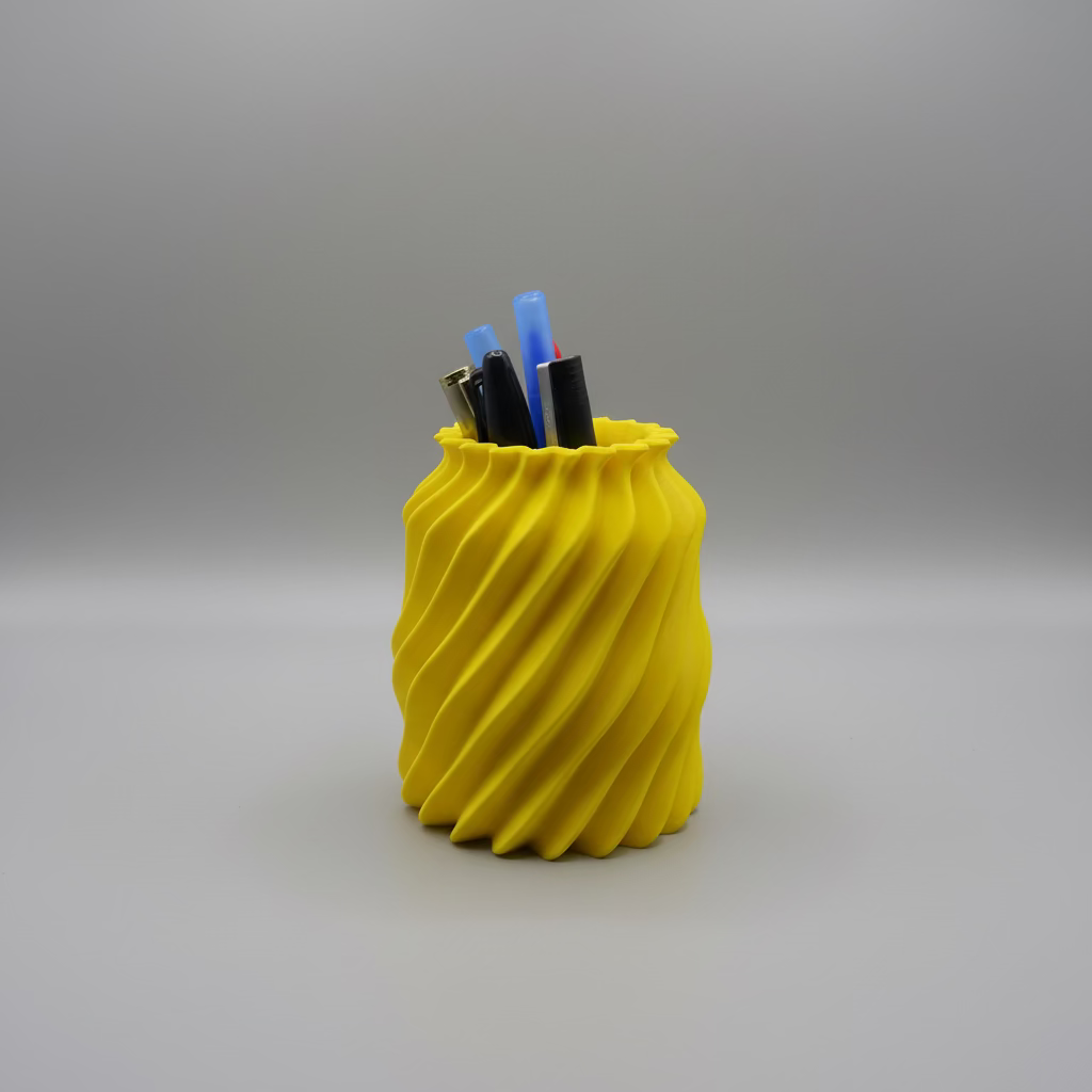 Yellow textured pen holder with pens on a white surface