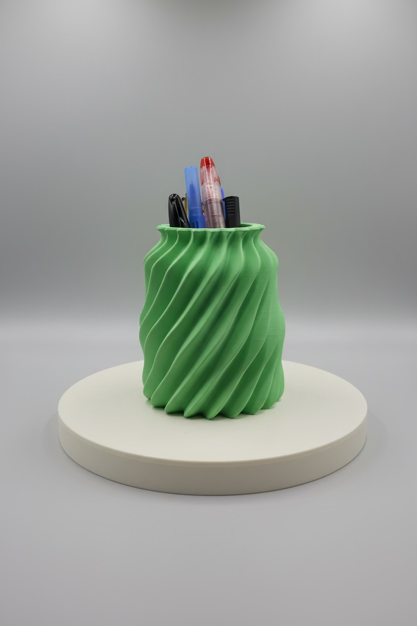 Green 3D-printed pen holder with pens on a white surface