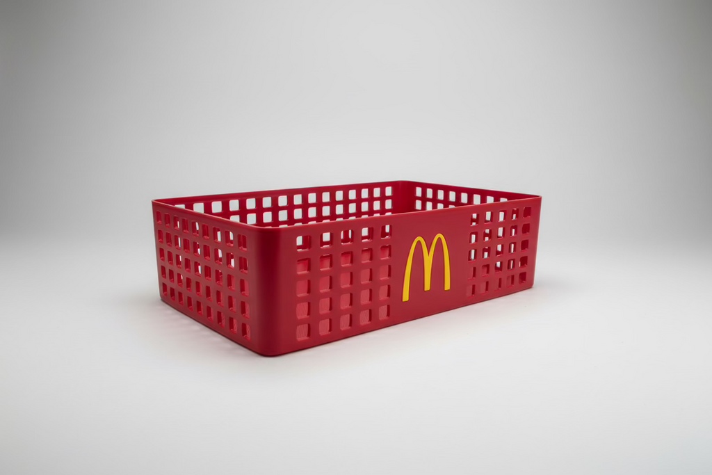 Red shopping basket with McDonald's logo on a metallic surface