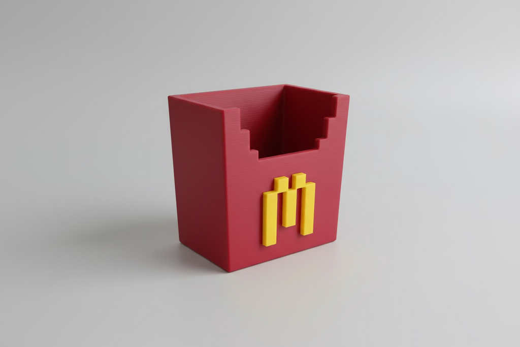 Pink and yellow geometric pen holder on a gray surface