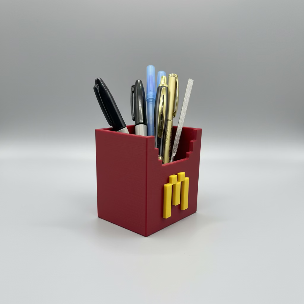 Pink pen holder with a yellow 'M' logo containing pens on a gray surface.