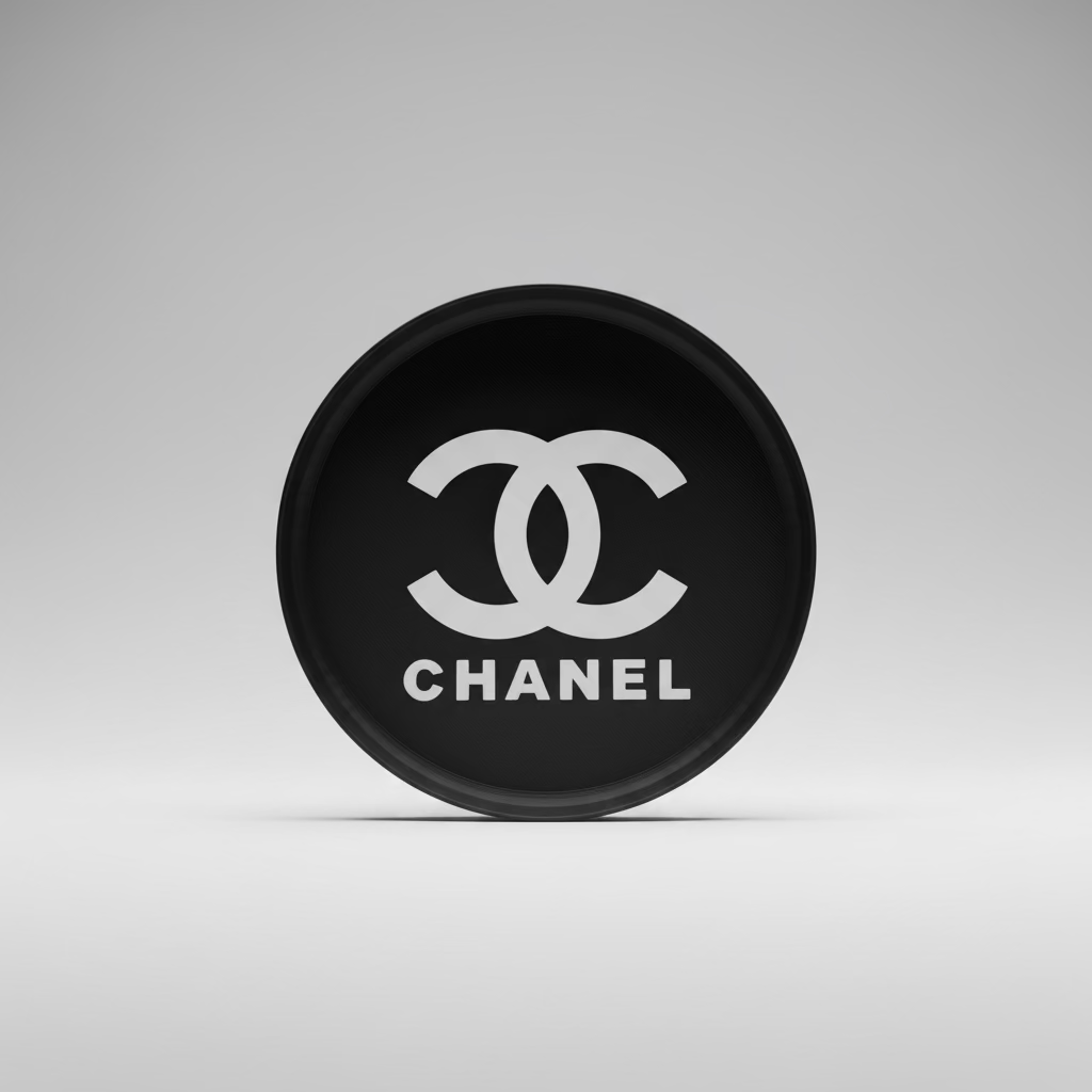 Round metallic object with Chanel logo on a neutral background