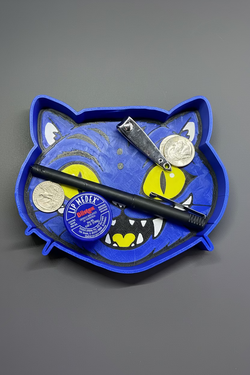 Blue shark-shaped paddle with a paddle, coin, and knife on a gray background